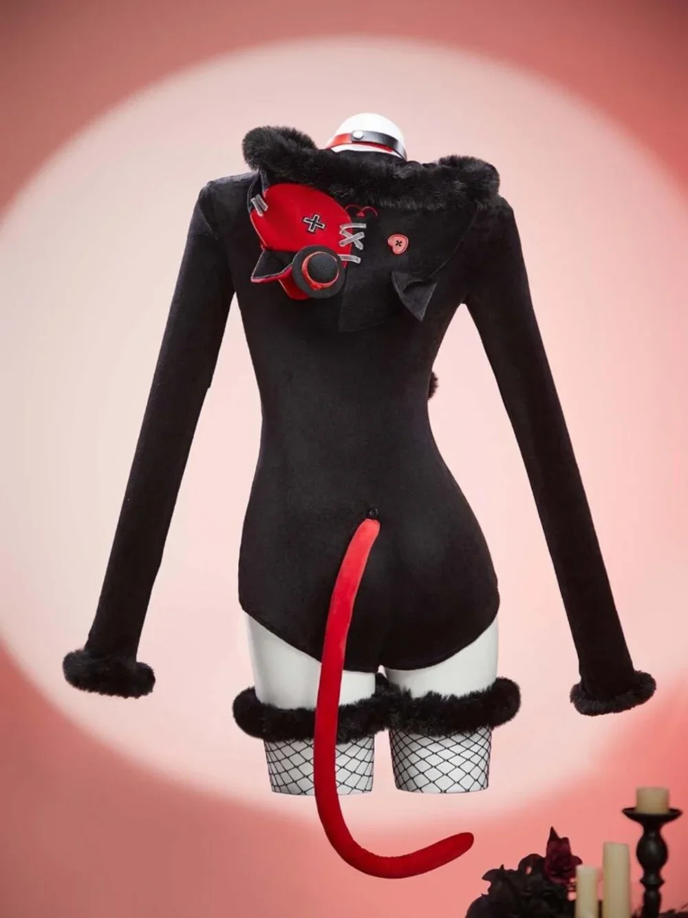 Gothic Furry Hooded Bodysuit Romper - Deep V Cat Costume for Halloween
